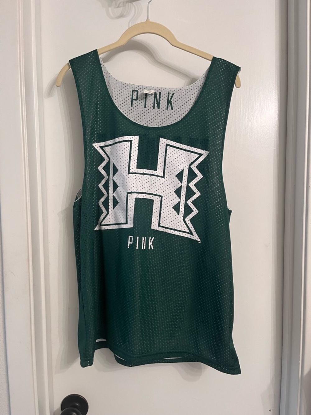 PINK Victoria's Secret Green and White Reversible Mesh Tank with Graphic Design